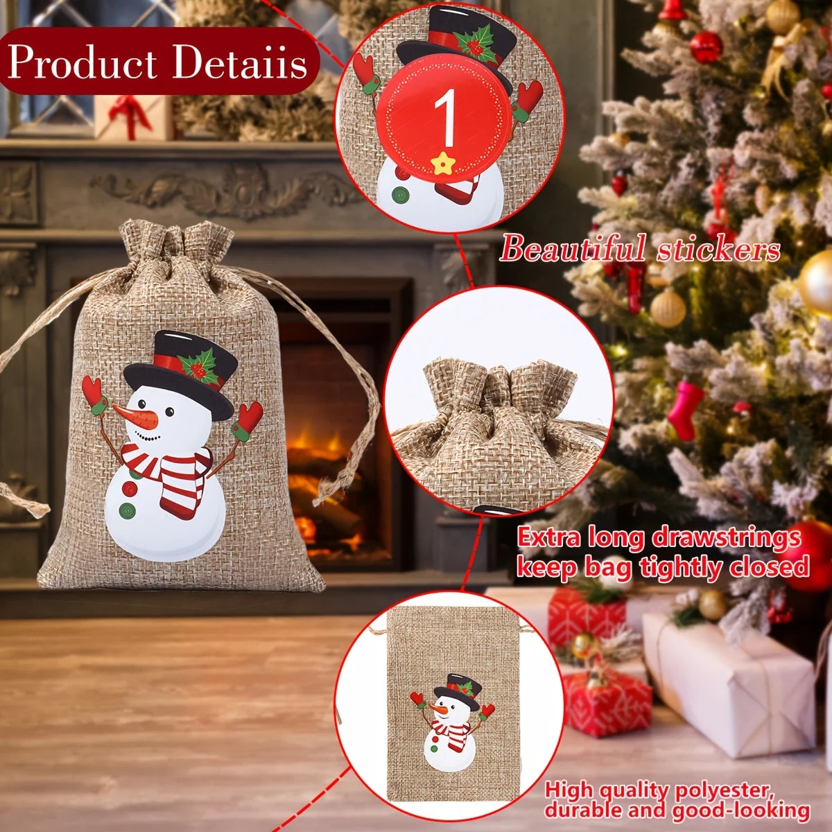 12/24Pcs Pack Christmas Gift Wrapping Bags with Drawstring Closure -for Small Trinkets, Apples, Candies,Gift for Holiday Parties