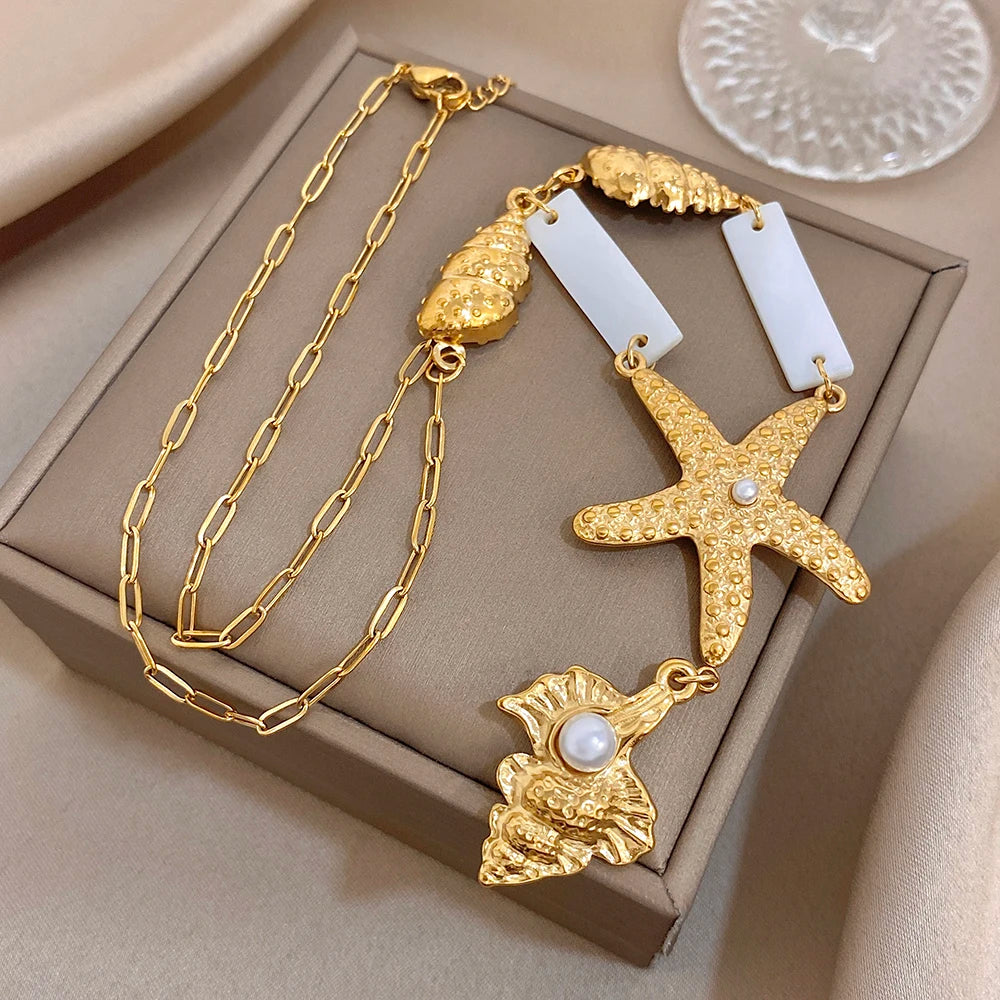 Flashbuy Beach Style Golden Stainless Steel Starfish Conch Pendant Necklace For Women New Design Fashion Accessories 2026