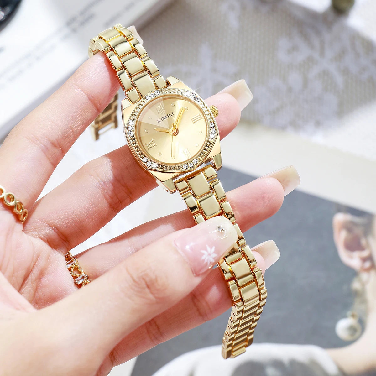 Elegant Rhinestone Roma Dial Women Quartz Watch Stainless Steel Bracelet Wristwatches Clock Gift Relogio Feminino（Without Box）