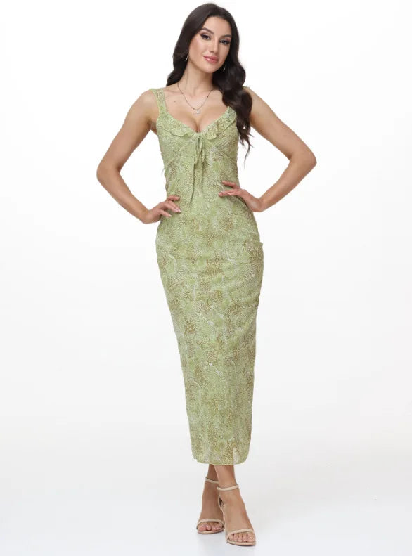 Elegant Summer Print Floral Dress Women V-neck Slim Ruffles Sleeveless Backless Long Dresses 2026 Beach Vacation Lady Vestidos