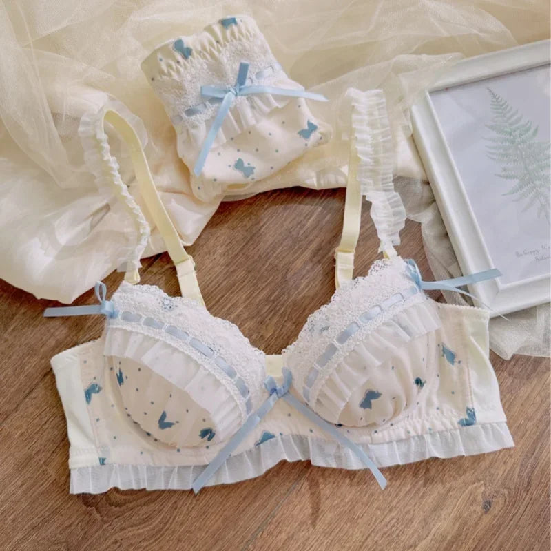 MOYISU Lolita Pure Desire Cute Princess Style Thin Cup Bra Set Printed Cute Bow Bra Comfortable Lace Underwear Goth Underwear