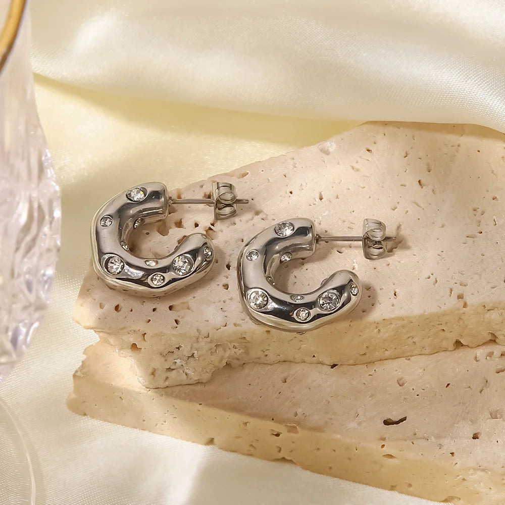 Trendy Gold Color Crystal Stainless Steel Round Earrings For Women Imitation Pearl Metal Earring Party Everyday Jewelry