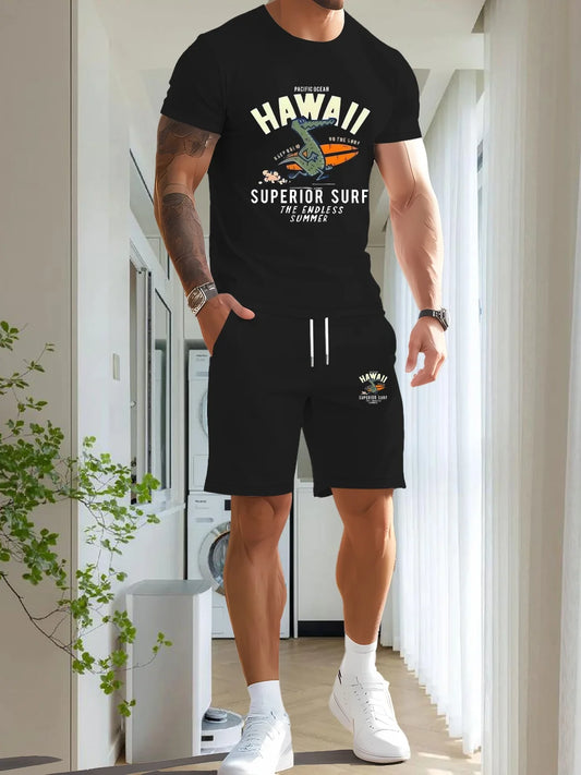 Men's printed two-piece fashionable casual round neck short sleeved T-shirt and drawstring shorts spring/summer sports suit men'