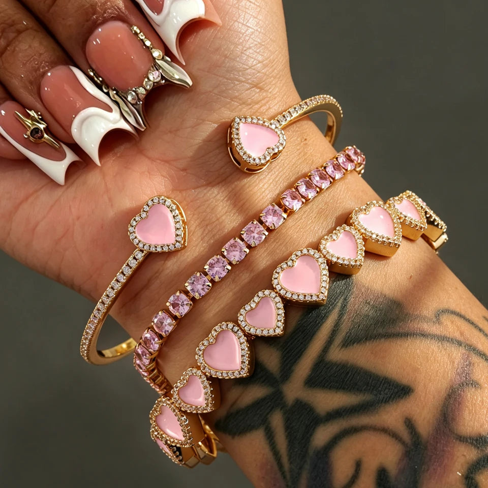 ZAKOL Sweet Fashion Pink Heart Cz Stacking Bracelets for Women Girls Shiny Cubic Zirconia Cuff Bracelet Bangles Jewelry Gift