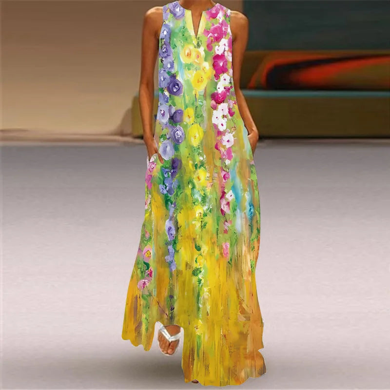 Summer Retro V-Neck Sleeveless Maxi Dress – Loose Artistic Print