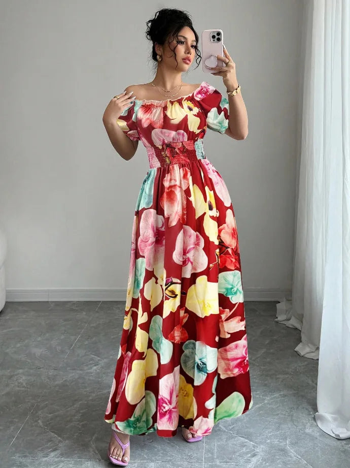 BKLD Women Clothing Summer Floral Print Dress Short Sleeve Square Collar Beach Holiday Outfits Waist Ruched Long Dresses Party