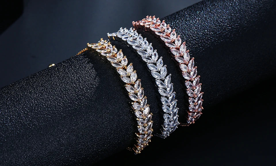 ZAKOL Trendy Cubic Zirconia Leaf Bridal Bracelets Bangle for Women White Color Crystal Adjustable Bracelet Wedding Jewelry