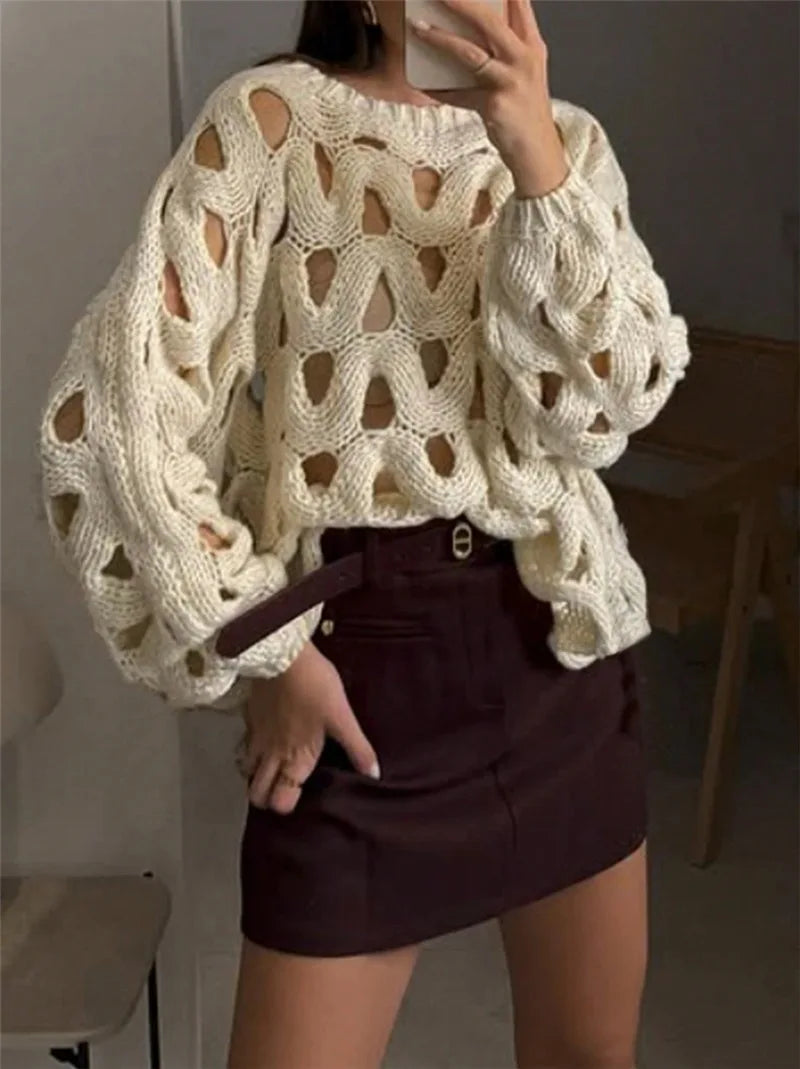 BKLD Ladies' Casual Solid Color Leisure Vacation Beach Hollow Out Crochet Long Sleeve Sweater Pullovers Knitted Tops Women