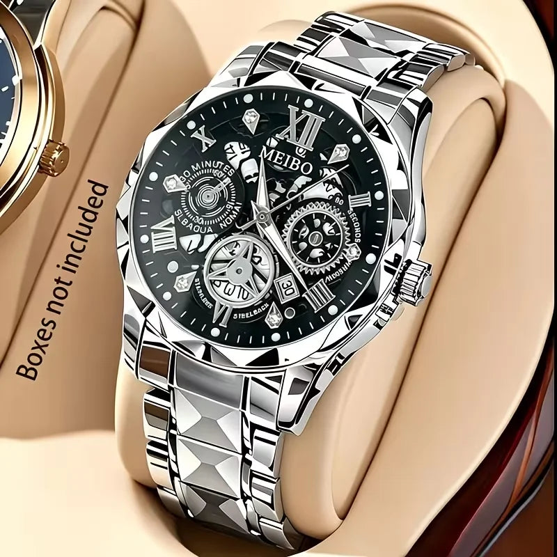 Fashion Skeleton Dial Men Business Watches Luxury Stainless Steel Calendar Quartz Wristwatch Relogio Masculino (Without Box）