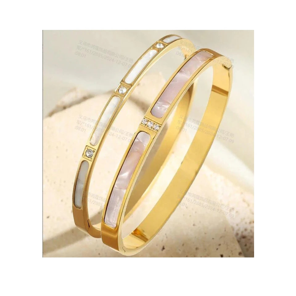 ZAKOL Niche Design White Fritillary Shell Stainless Steel Bracelet for Women Fashion Inlaid Zirconia Daily Bangle Jewelry Gift