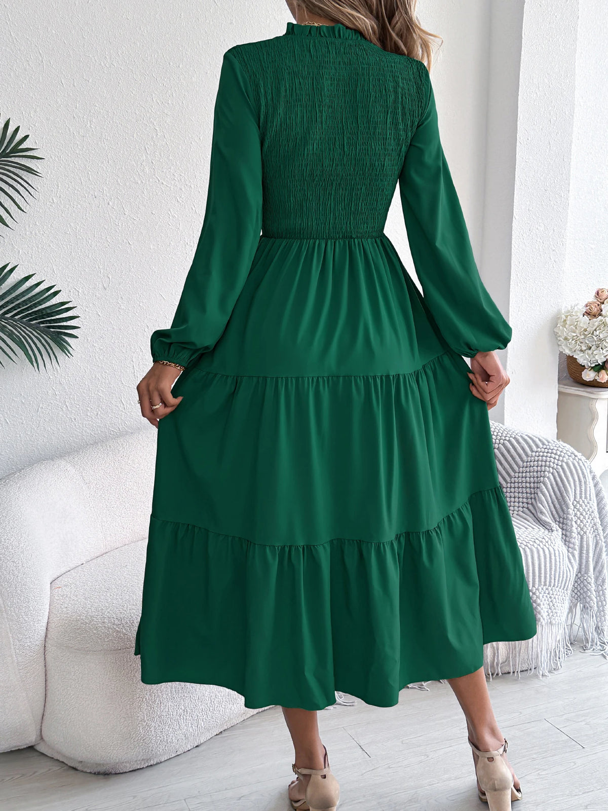Autumn Winter Elegant Dress for Women Solid Color Round Neck Lantern Long Sleeve Ruffled Dresses Khaki Green Red Woman Clothing