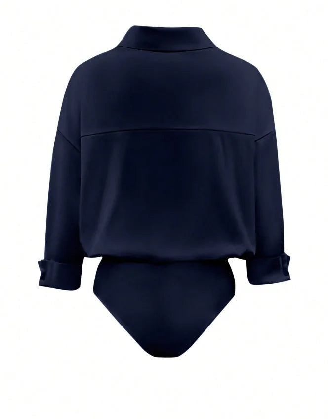 Women Shirt Bodysuit Oversized Boyfriend Half Sleeve Blouse Deep V Collar Bodysuit Shirts Elegant Office Lady Jumpsuit Top