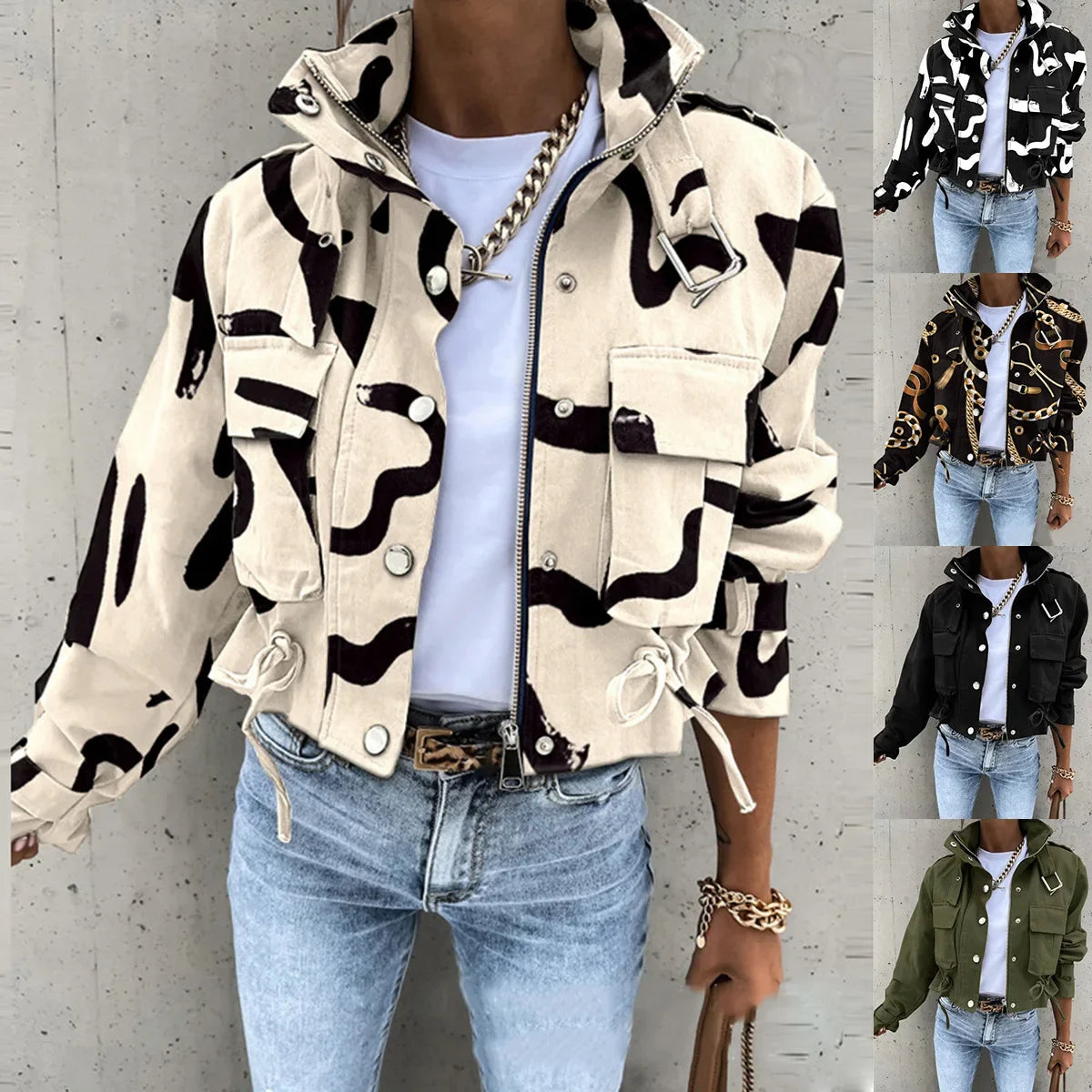 Women Cropped Cargo Jacket Stand Collar Zip Button Long Sleeve Coat Multi Pocket Drawstring Streetwear Casual Short Outerwear