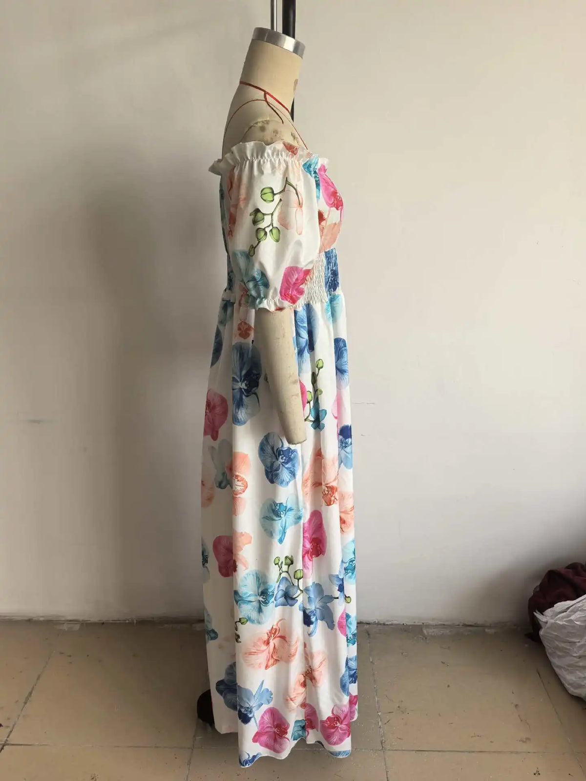 BKLD Women Clothing Summer Floral Print Dress Short Sleeve Square Collar Beach Holiday Outfits Waist Ruched Long Dresses Party