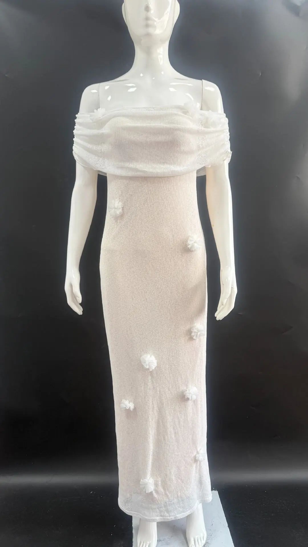 Elegant 3d Flower Off Shoulder Maxi Dress Sleeveless Perspective Pleated Slim Solid Color Robes 2026 Fashion Evening Party Gowns