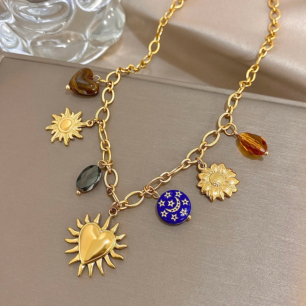 Women Stainless Steel Gold Plated Set, Sun Flower Heart Tiger's Eye Moon Star Charm Necklace Bracelet, Boho Fashion Jewelry Gift