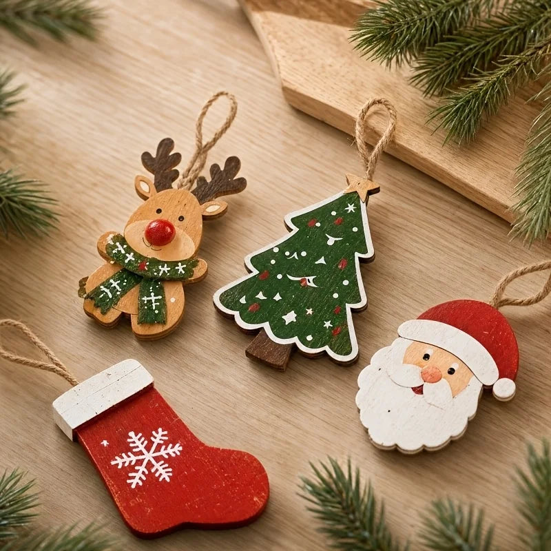 10Pcs Christmas Wooden Ornament Garland, Santa Snowman Reindeer Hanging Banner, Xmas Fireplace Wall Mantel Decorations