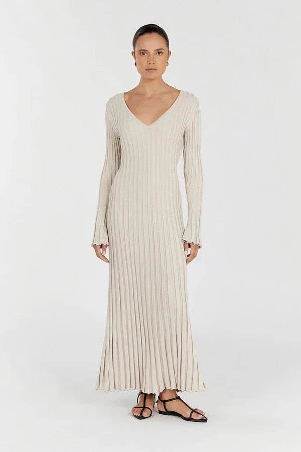 Vintage Lace-Up Female Knit Maxi Dress Elegant High Waist Patchwork Long Sleeve Loose Solid Dress Bodycon Knitwear Basic Dresses