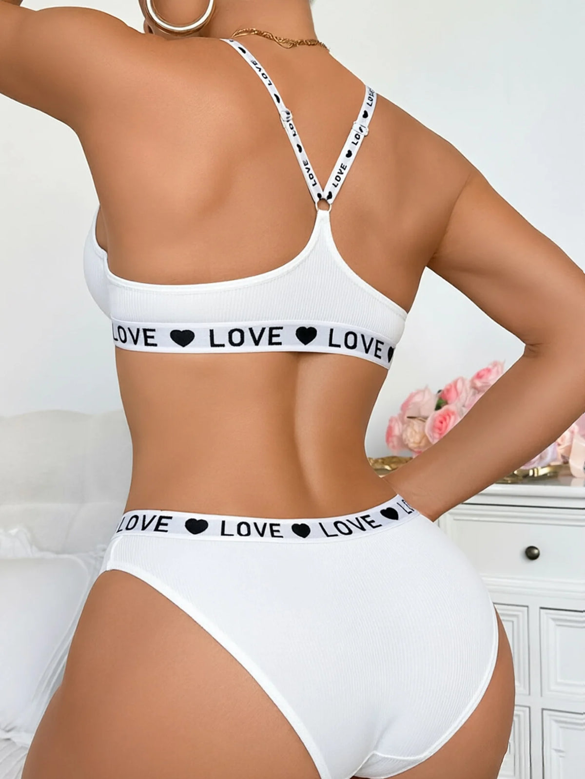 Letter Strap Women's Underwear Set with Push Up and Rib Knit Underwire Women Bra Panties Letter Comfort Lingerie Set