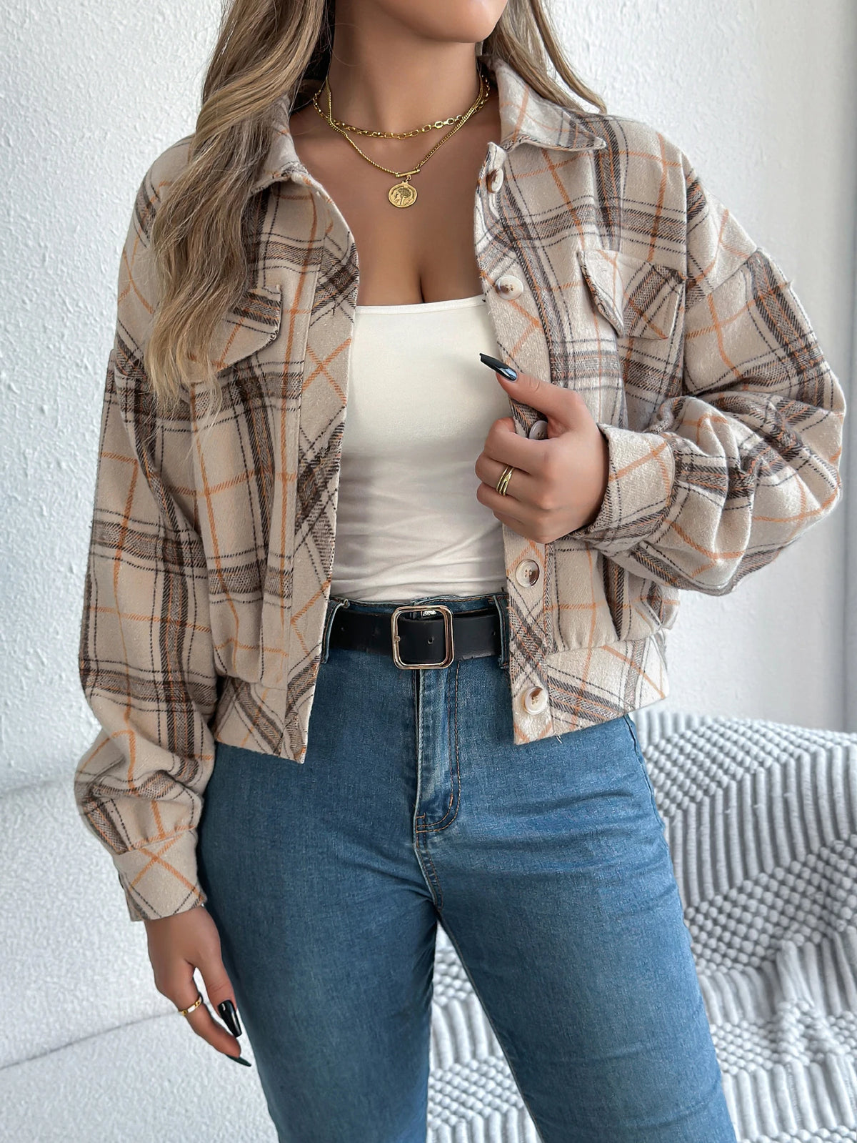 Autumn Winter Casual Plaid Cropped Jacket Lapel Lantern Long Sleeve Single Breasted Woolen Jacket 2026 Fashion Women Clothes