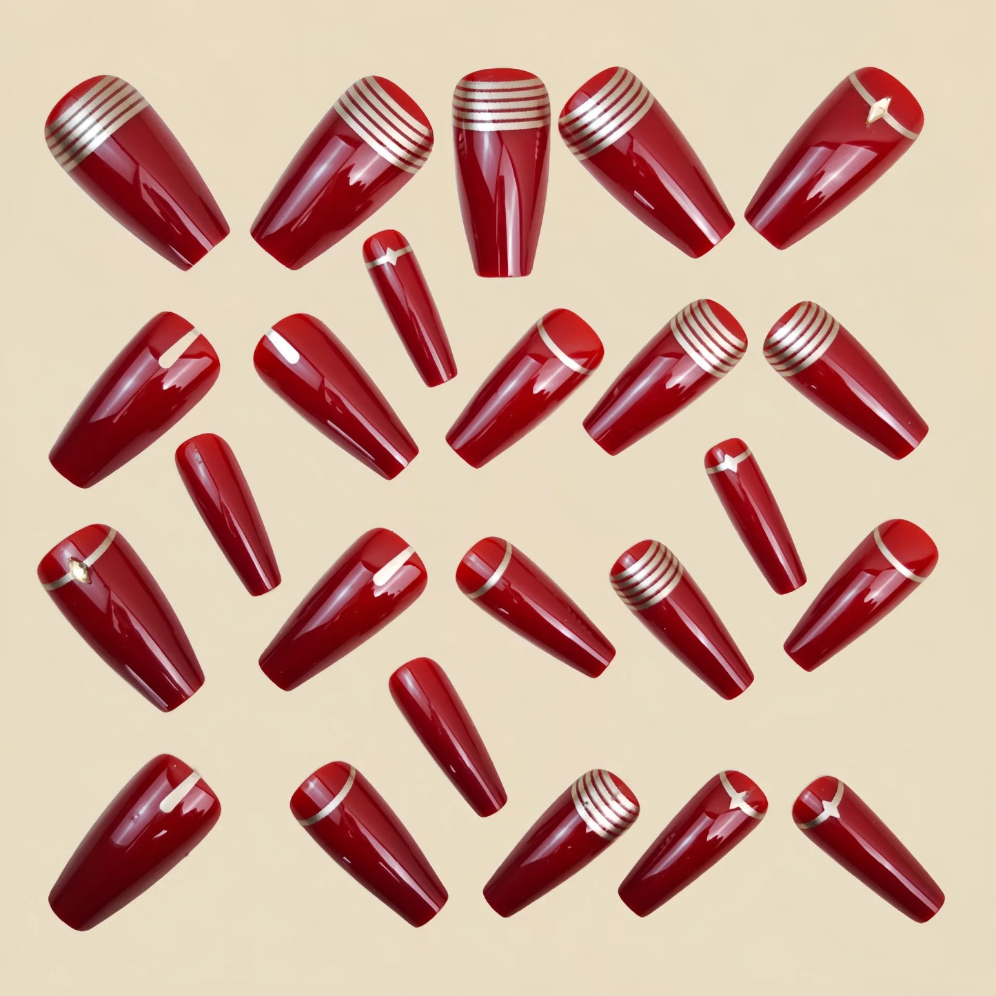Medium long fake nails for women gilrs wine red colors with strips print almond ballet shape full cover press on false nail art