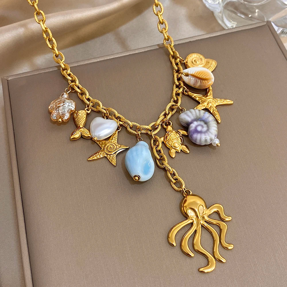 New Trend Chunky Stainless Steel Shell Starfish Turtle Charm Necklace Octopus Pendant Statement Gold Color Fashion Jewelry Gift