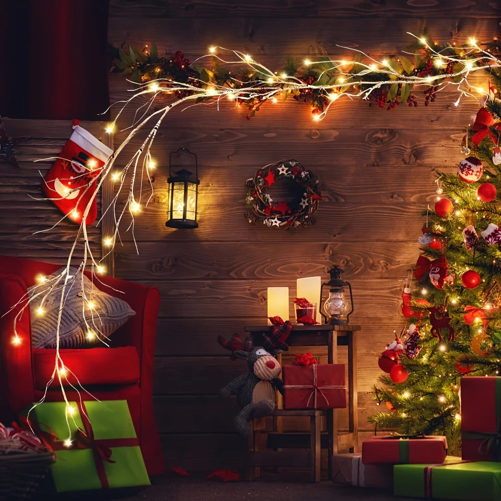 1pc LED Door 6FT Lighted Birch Garland, Pre-Lit Twig Vine Lights for Christmas Fireplace Mantle Table Decoration