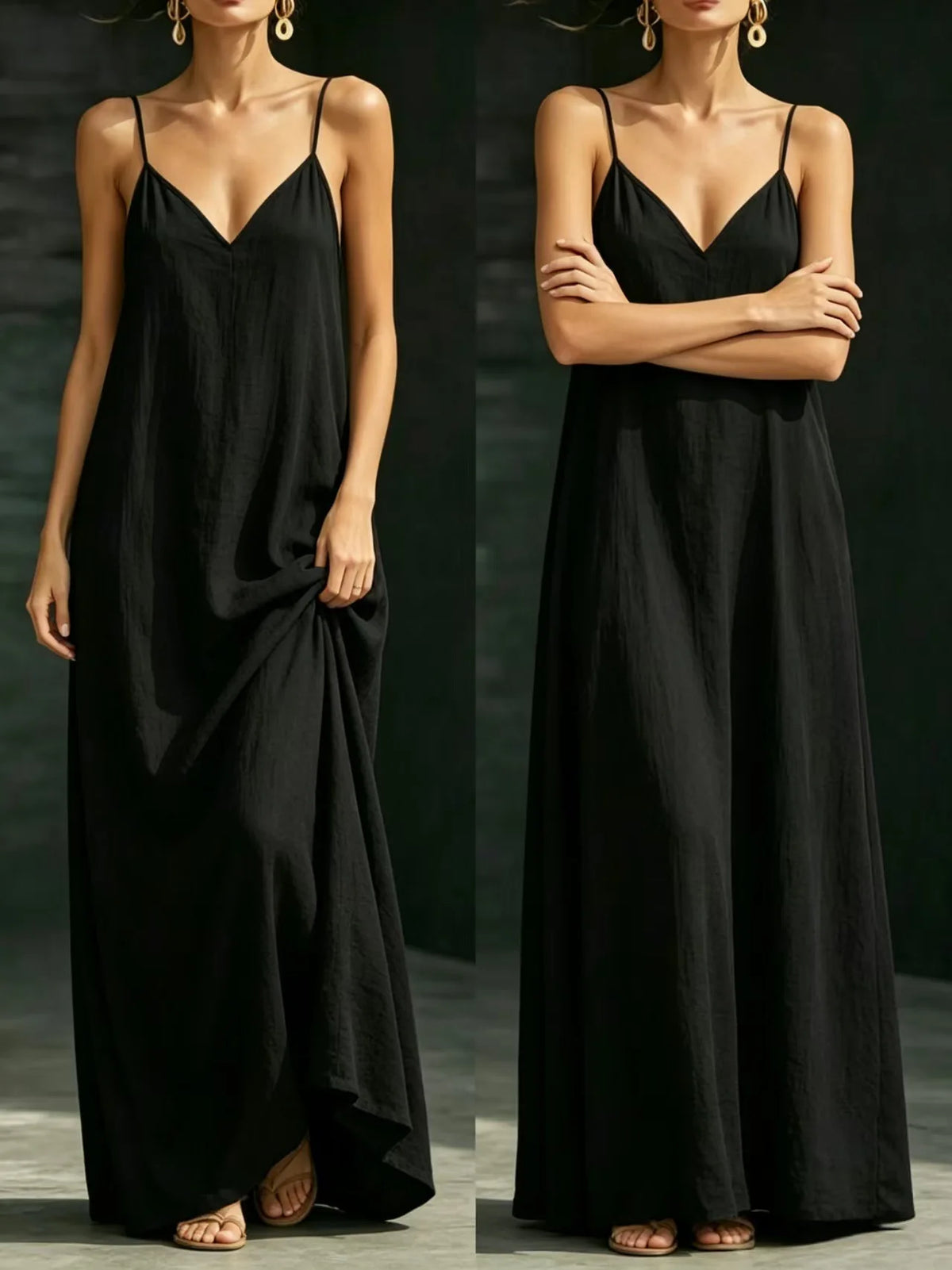 Women Linen Spaghetti Strap Maxi Dress V Neck Loose Swing Long Dress With Pockets Casual Summer Beach Vacation Sundress Ladies