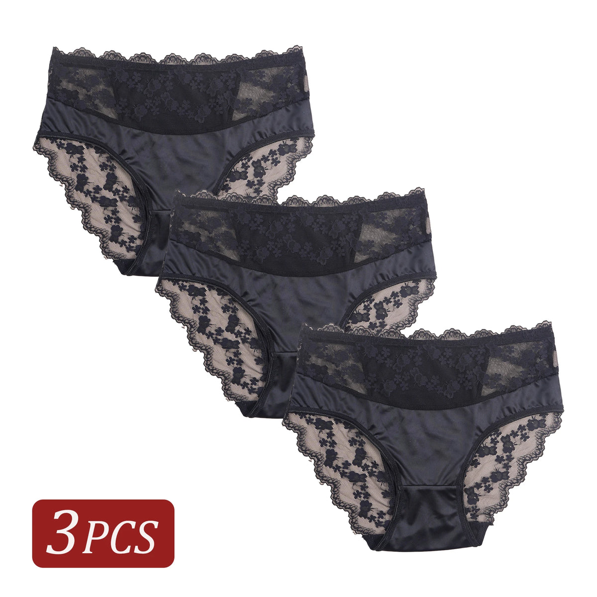 3PCS Black Lace Seamless Satin Underwear Elegant Women's Panties Hollow Out Lace Floral Design Sexy Briefs Breathable Lingerie