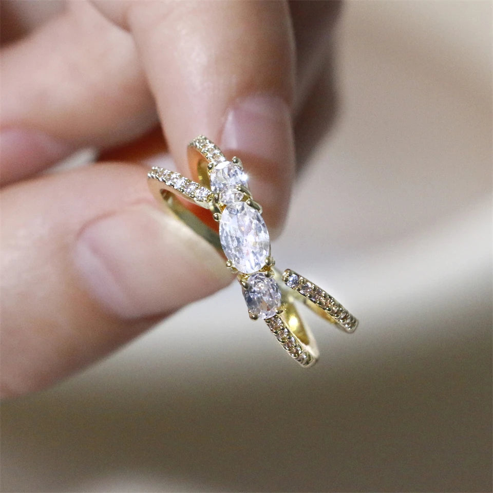 ZAKOL 5 Styles Golden Gorgeous Zircon Open Rings for Women Shining Geometric Crystal CZ Engagement Proposal Ring Gift