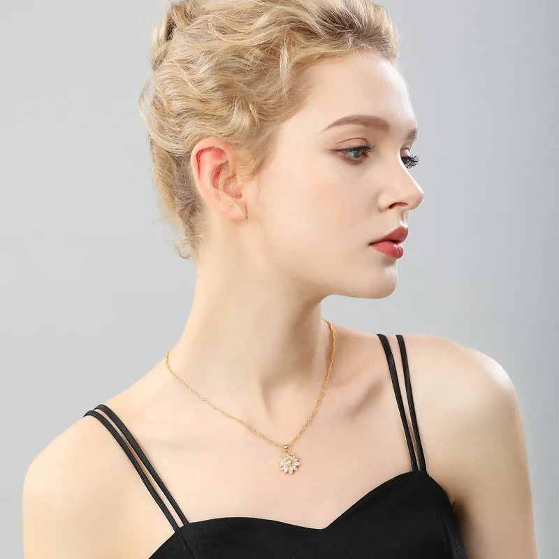 Trendy Rotation Spin Sunflower Stainless Steel Zircon Necklaces For Women Metal Crystal Necklace Party Birthday Gifts Jewelry