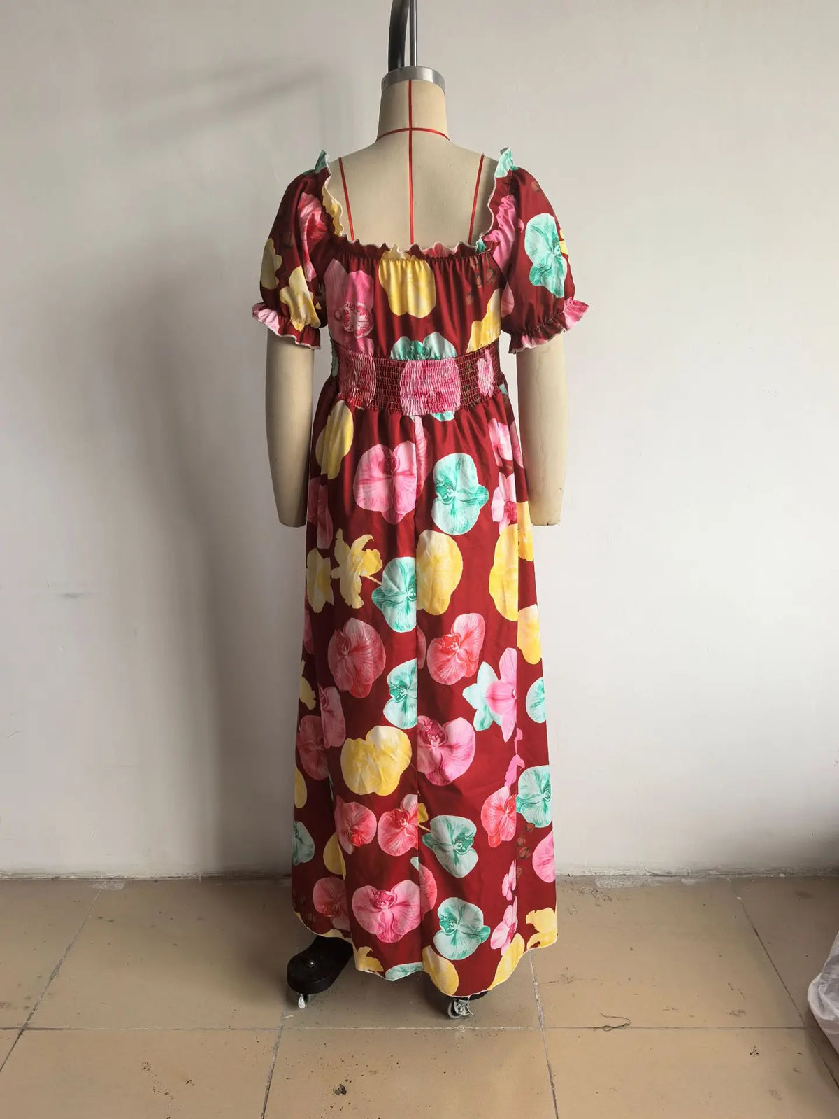 BKLD Women Clothing Summer Floral Print Dress Short Sleeve Square Collar Beach Holiday Outfits Waist Ruched Long Dresses Party