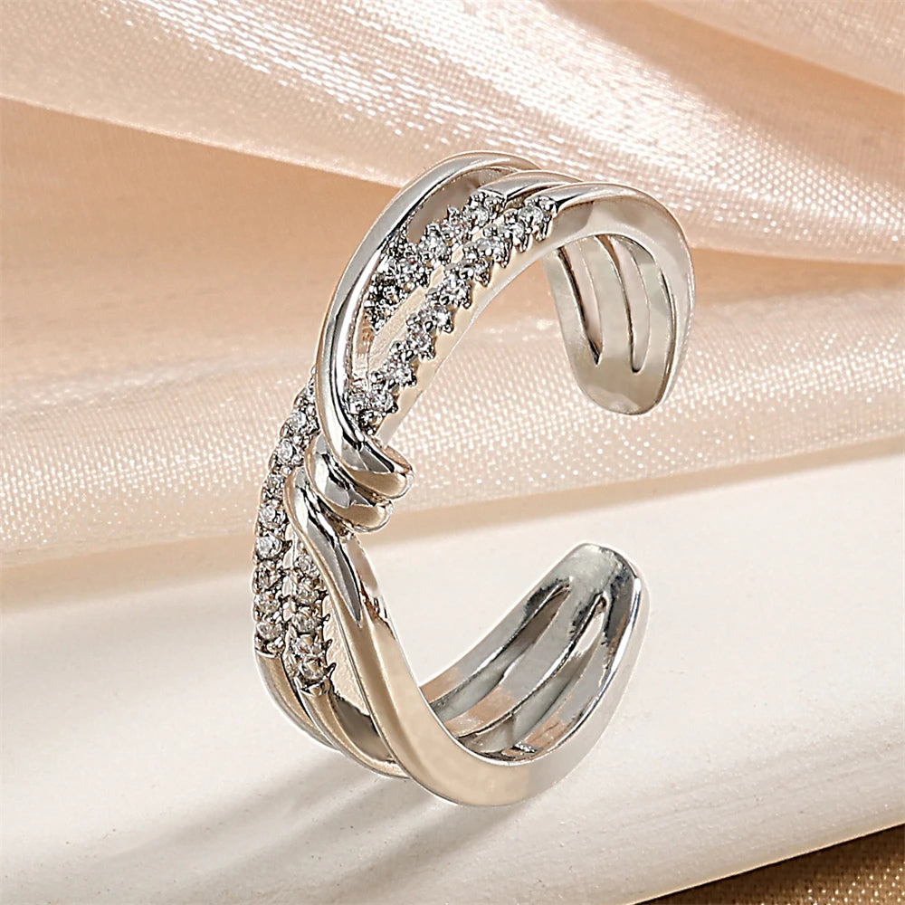 ZAKOL Fashion Double Layers Zircon Rings for Women Gold Color Plated Open Stainless Steel Ring Aesthetic Party Wedding Jewelry