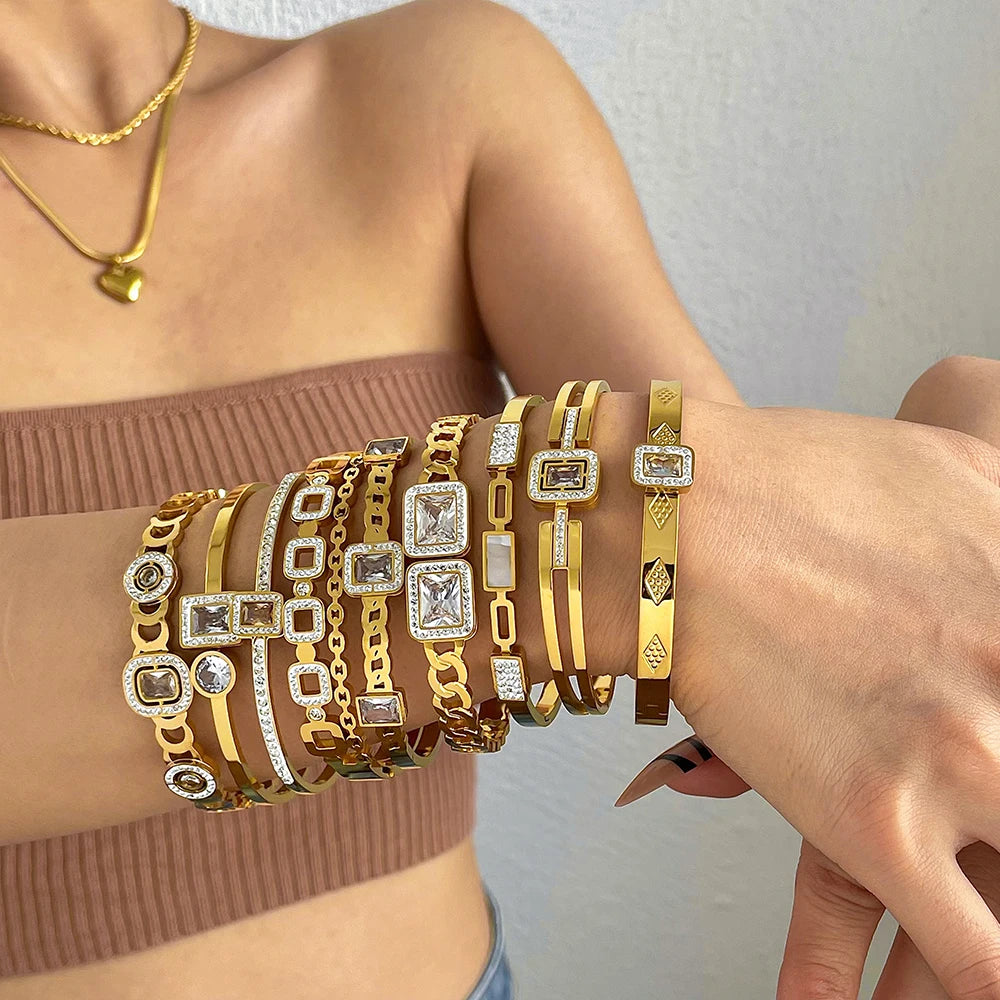 Flashbuy New Design Cubic Zircon Stainless Steel Bangles Bracelets for Women Geometric Gold Color Waterproof Fashion Jewelry