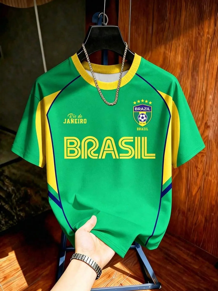 KIDS BRAZIL FOOTBALL T-SHIRT SOCCER JERSEY STRIPE & RETRO PRINT BREATHABLE QUICK DRY TRAINING TEE FAN SPORT TOP MEN WOMEN