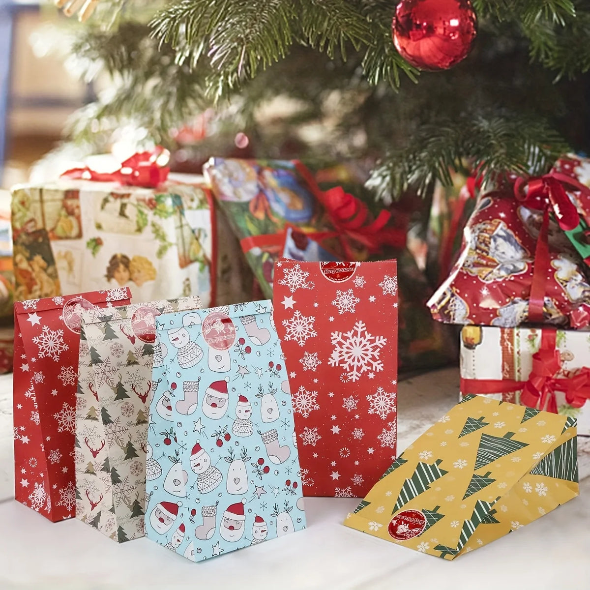 Christmas Gift Bags with Stickers, Xmas Holiday Goodie Treat Bags, Snowflake Reindeer Pattern Paper Gift Pouches for Christmas
