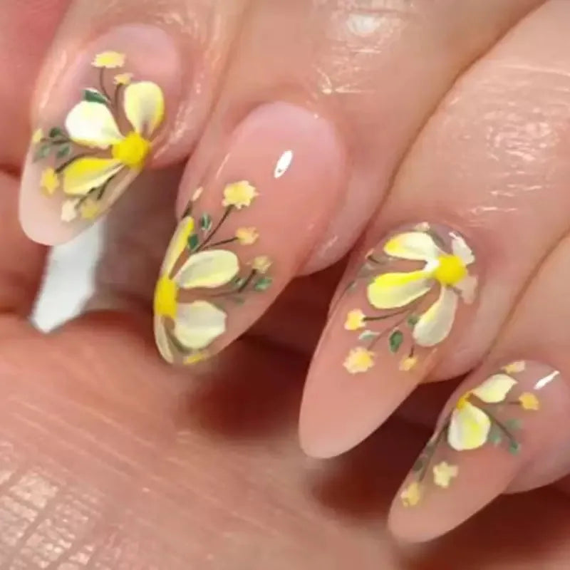 24Pcs Purple Flower Stiletto Round Head Press on Nails False Nails Almond Fake Nails French Wearable Full Cover Nail Tips