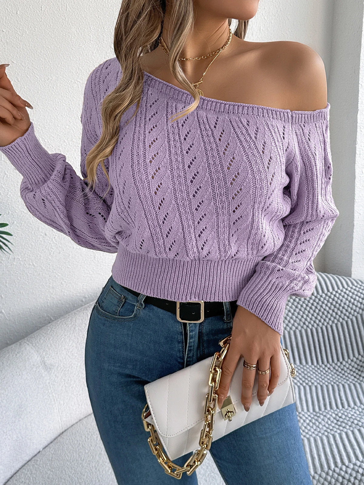Autumn Winter Casual Elegant Slash Neck Off Shoulder Long Sleeved Knitted Pullover Sweater for Women