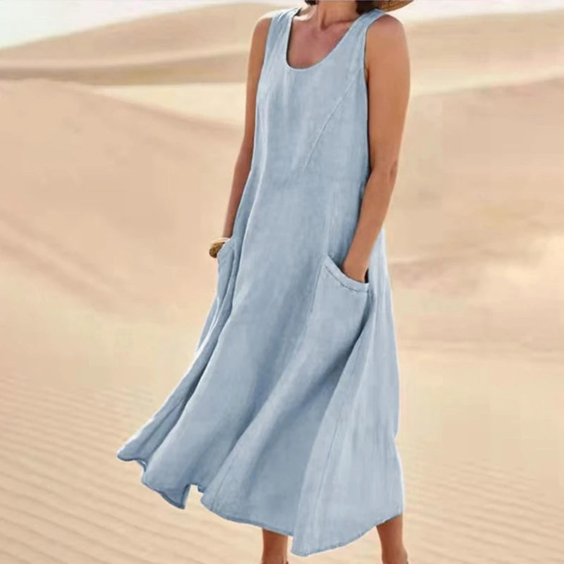 Women Casual Sleeveless A Line Dress with Pockets Vintage Hrajuku Loose Midi Length Maxi Dress Summer O Neck Cotton Linen Dress