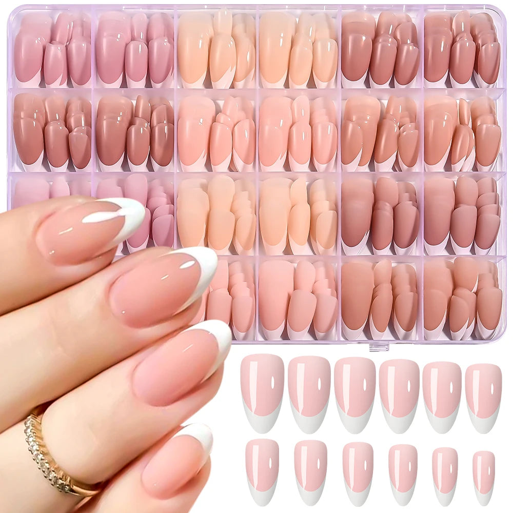 288/360pcs French Tips Press on Nails Almond False Nails Brown/Nude/Pink Acrylic Stiletto Full Cover Fake Nails for Extension