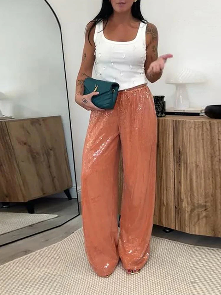 Summer Vacation Y2k Women's Sequined Pants Lady Chic High-Waist Lace Up Loose Fit Straight Mop Trouser Female Casual Streetwear