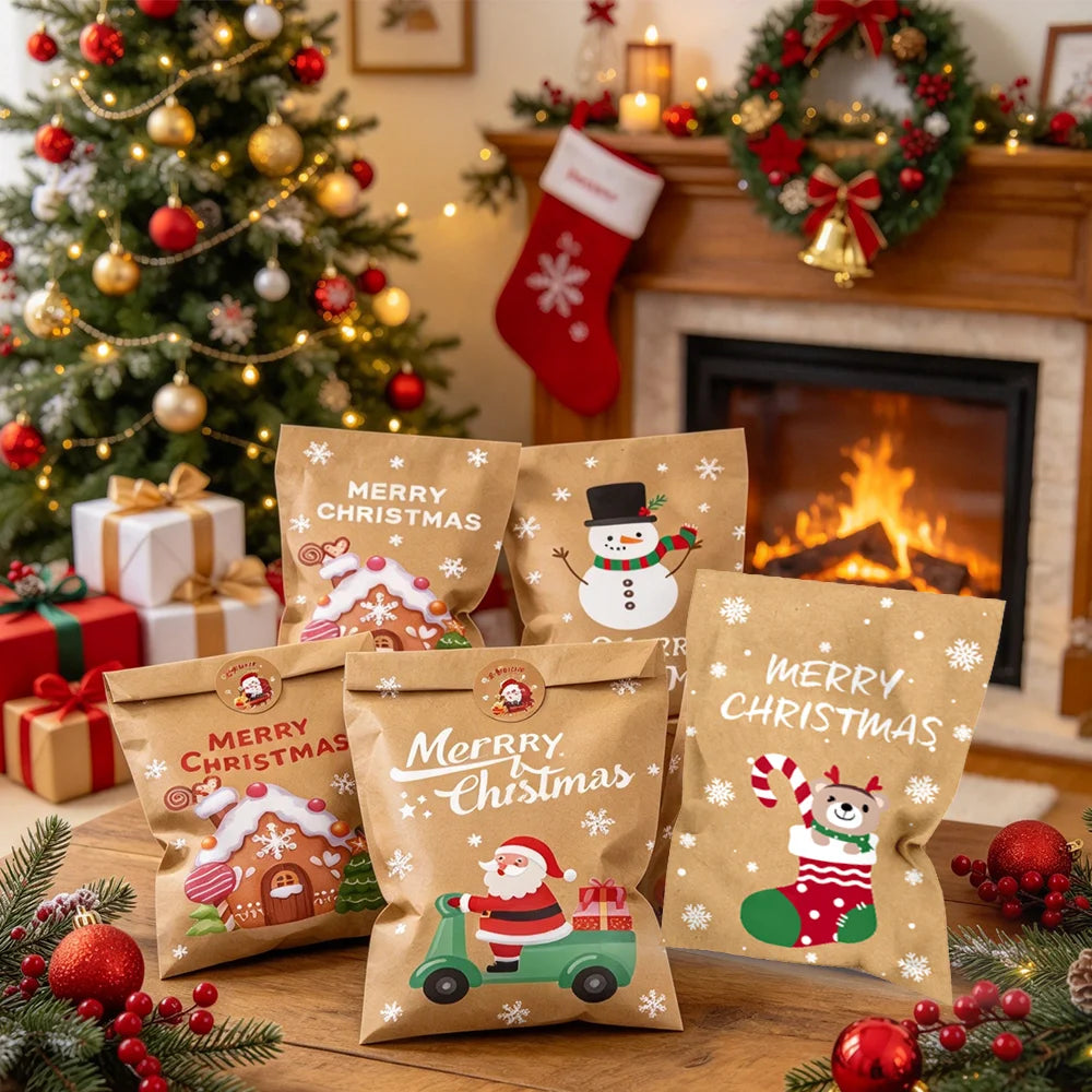 24Pcs Merry Christmas Cartoon Kraft Paper Goodie Bags, Vintage Xmas Candy Treat Bags with Snowflake Prints,Party Favor Packaging