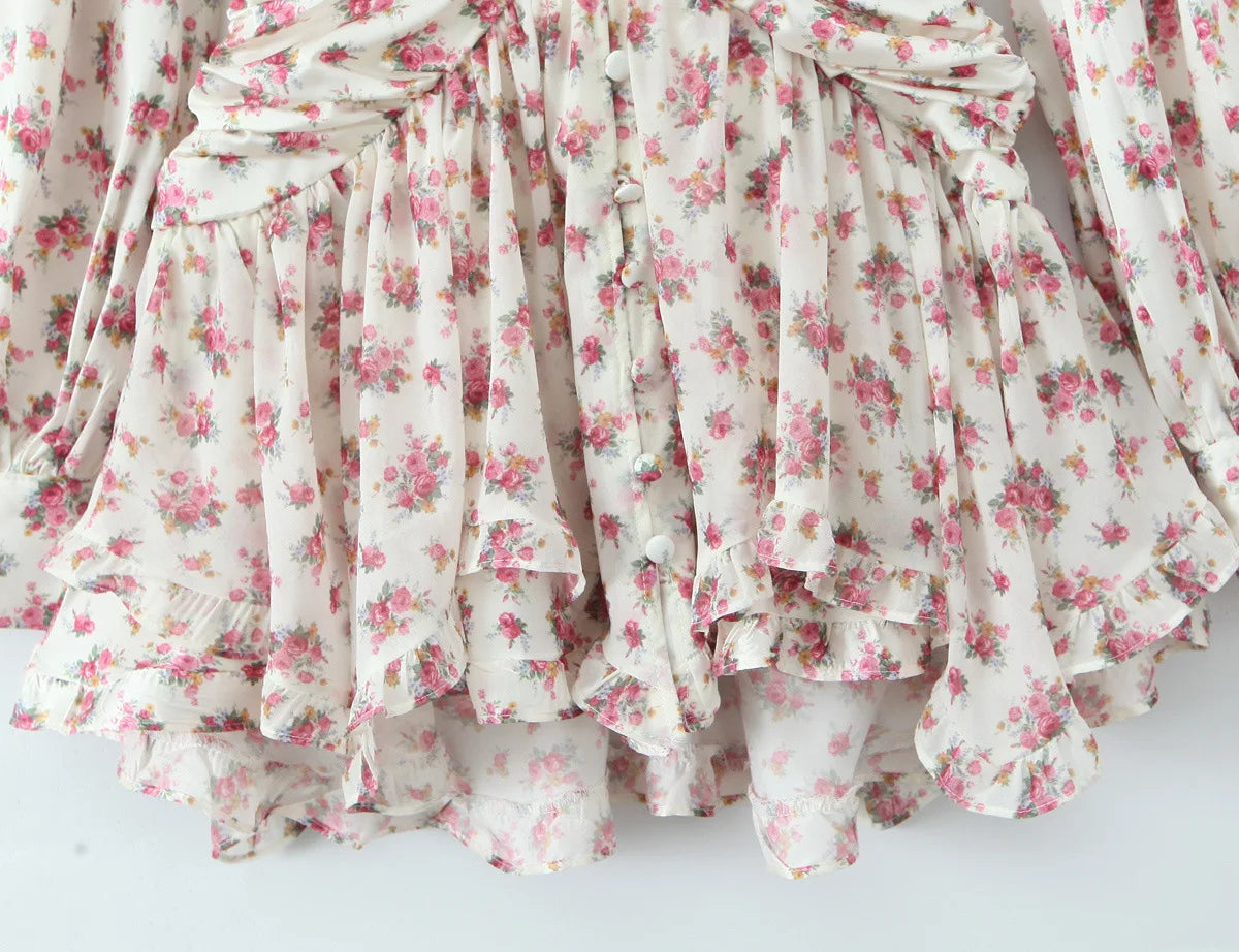 Boho Chic Floral Print Ruffle Mini Dress Women's Long Puff Sleeve V Neck Slim Fit A-line Party Dresses New Female Club Vestidos