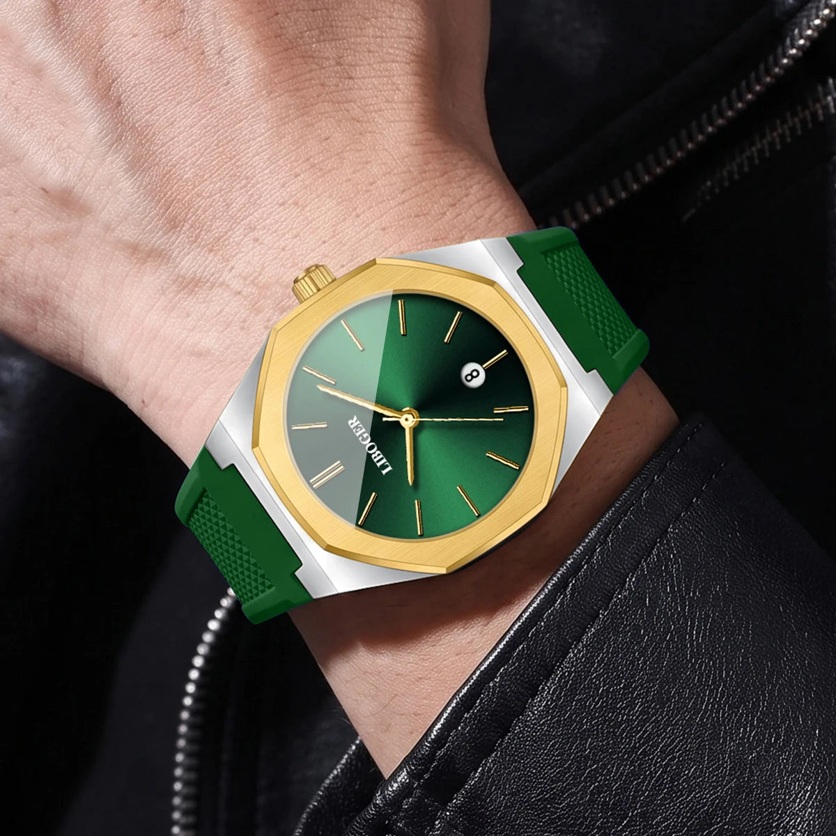 Fashion Octagonal Dial Men Calendar Quartz Watch Casual Silicone Strap Sports Wristwatches Relogio Masculino（Without Box）
