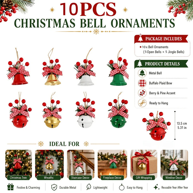 10 Pcs Christmas Bell Ornaments Red Green White Jingle Bells Hanging Decorations for Xmas Tree Wreath Gifts Party Home Decor