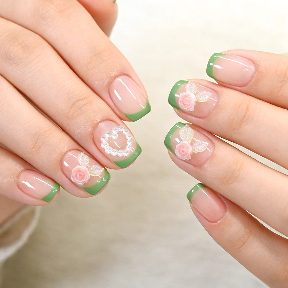 24Pcs Green Short Square French False Nails 3D Heart Rose Flower Charm Full Cover Fake Nail for Women Wearable Press on Nails