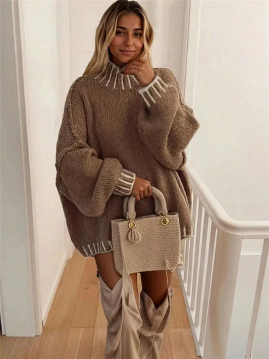 BKLD 2026 Autumn Winter New Product Women's Clothing Turtleneck Fashion Contrasting Loose Pullovers Sweater Long Sleeve Tops