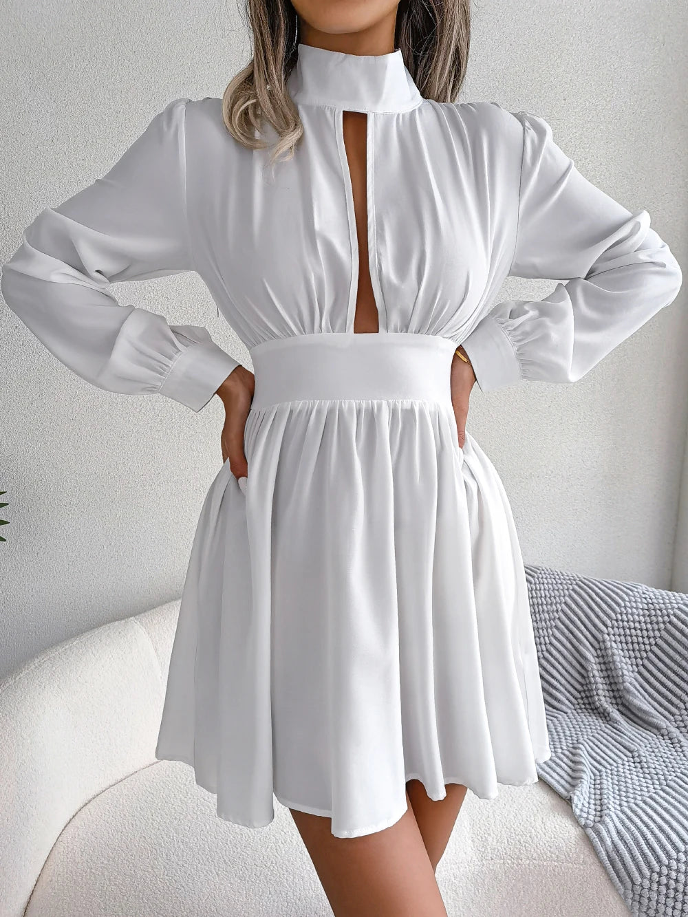Spring Autumn Casual Solid Hollow Out Long Sleeve A Line Dress for Women Elegant Mini Dresses Red Black White Woman Clothing