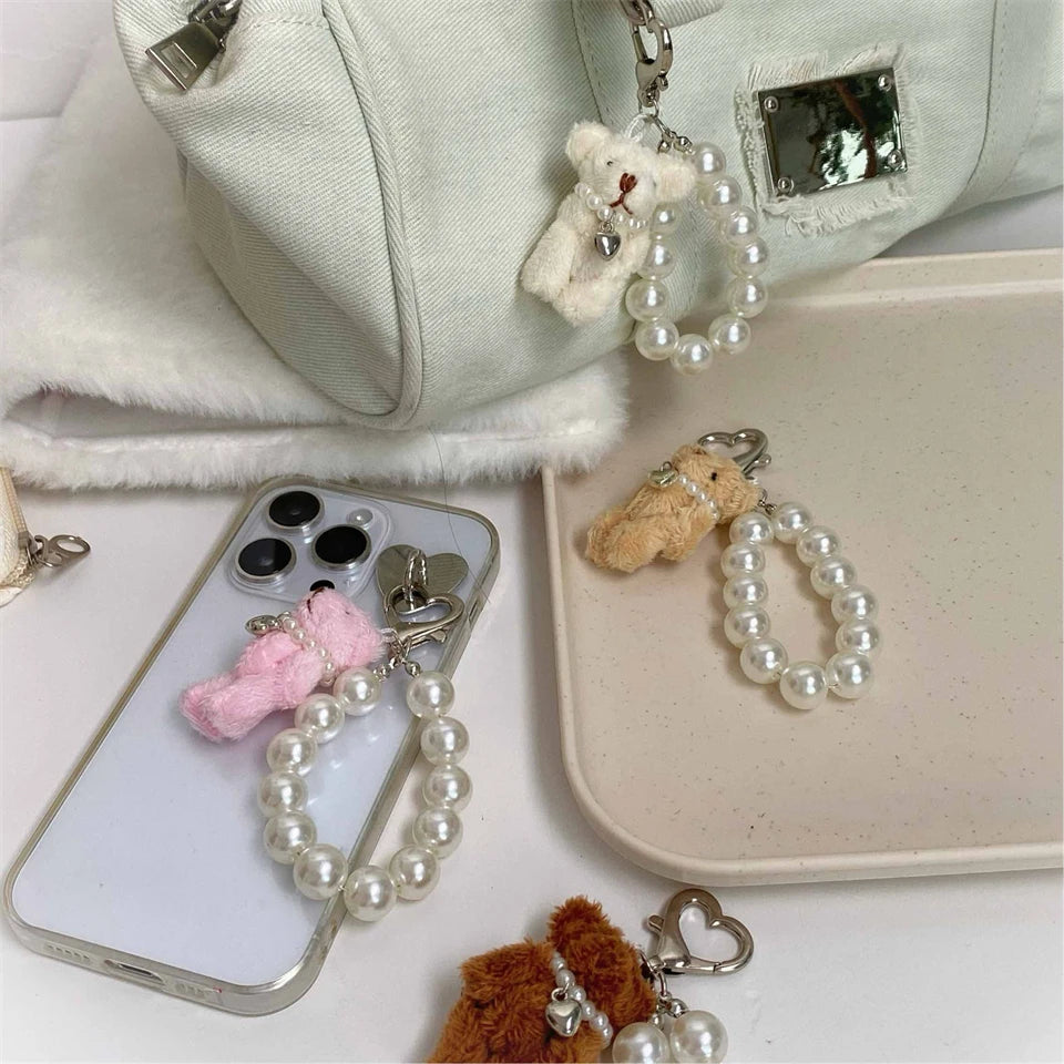 ZAKOL Korean Fashion Imitation Pearl Bear Doll Pendant Keychain Handbag Mobile Phone Accessories Gift for Women Girls