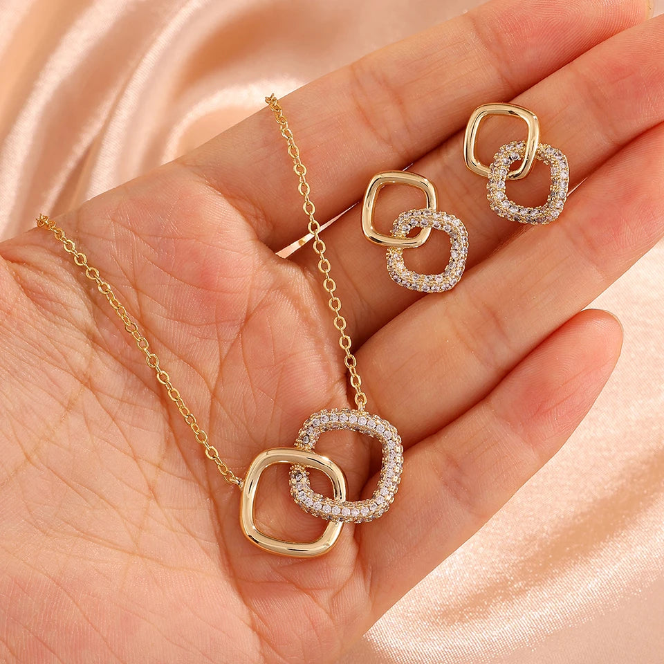 ZAKOL Hollowed Geometric Square Pendant Necklace Earrings Simple Fashion Shiny Zircon Party Jewelry Set Holiday Gifts